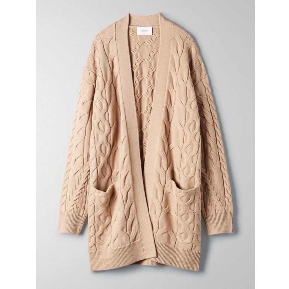 Aritzia‎ Wilfred 100% Merino Wool Cable Knit Cardigan Beige Open Pockets Size S